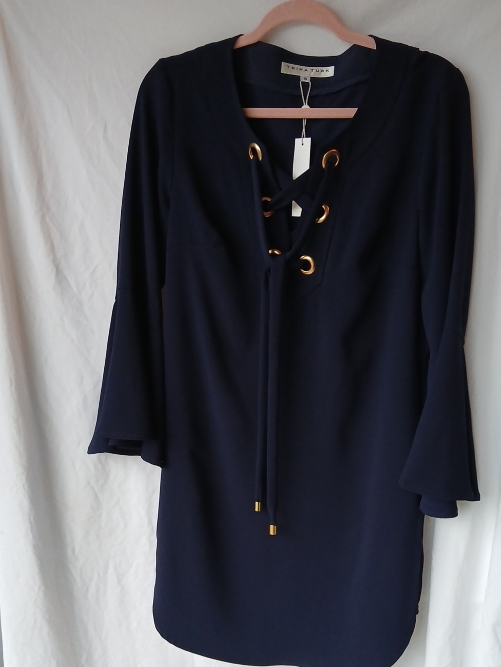 28. NWT Trina Turk Navy Lace-Up Shift Mini Dress with Gold Accents